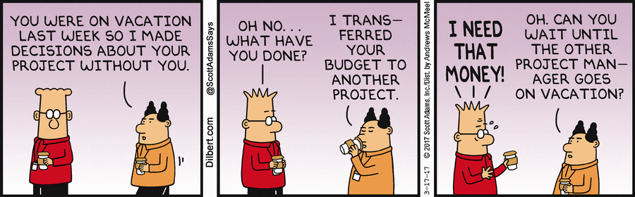 A Dilbert cartoon illustrating the risk of budget appropriation to support a page about ways to help customers buy.