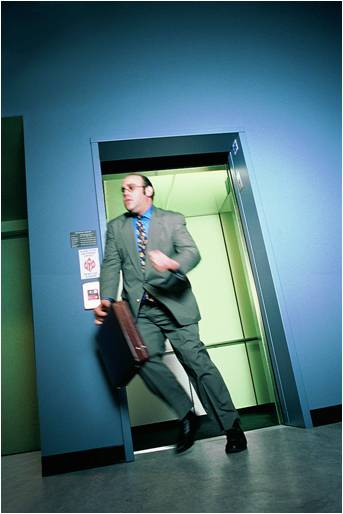 A picture of a business executive escaping from a sales elevator pitch.