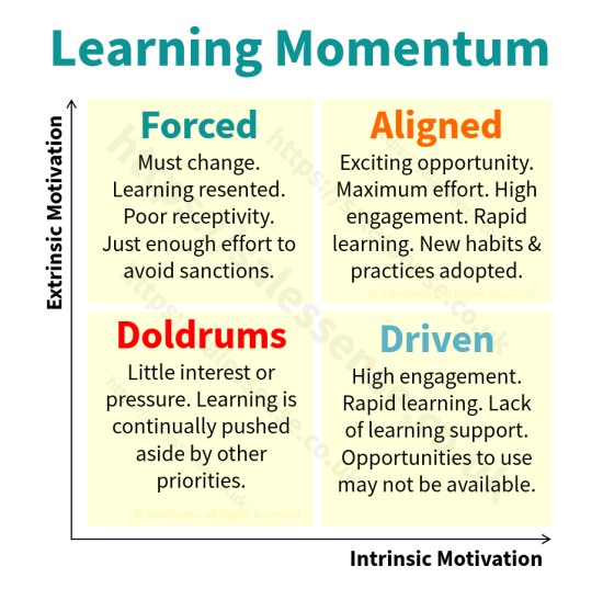 A diagram illustrating aspects of achieving learning momentum to support an article abut changing sales behaviours