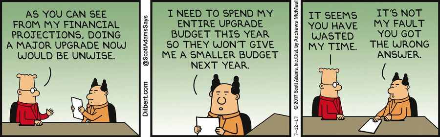 A Dilbert cartoon illustrating customer buying conundrums.