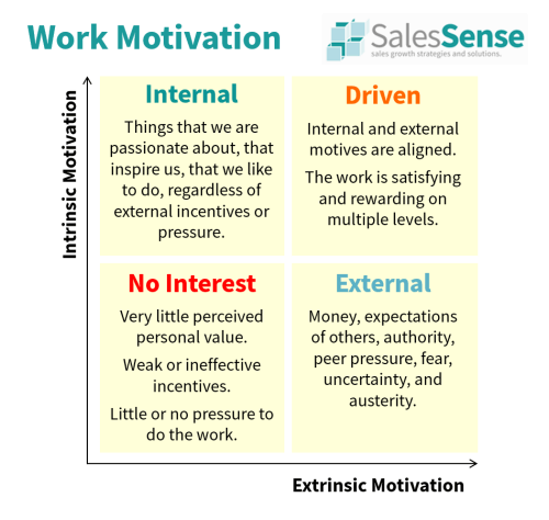 A diagram illustrating the impact of extrinsic and intrinsic motivation to support a page explaining how we increase sales performance.