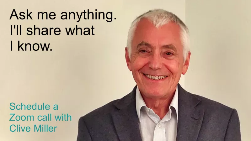 A panel showing a picture of Clive Miller and inviting visitors to schedule a Zoom call.