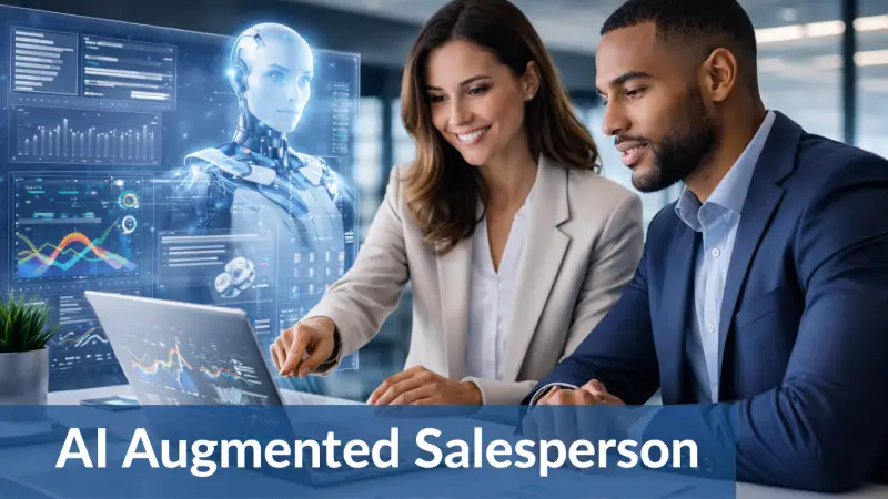The AI augmented salesperson. AI and the future of sales jobs illustration showing human and AI collaboration in B2B selling.
