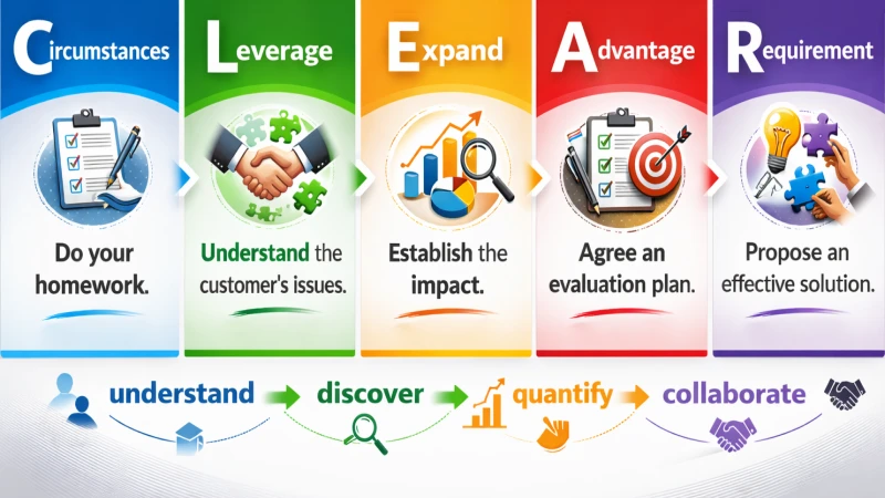 A panel illustrating the SalesSense CLEAR sales discovery process.